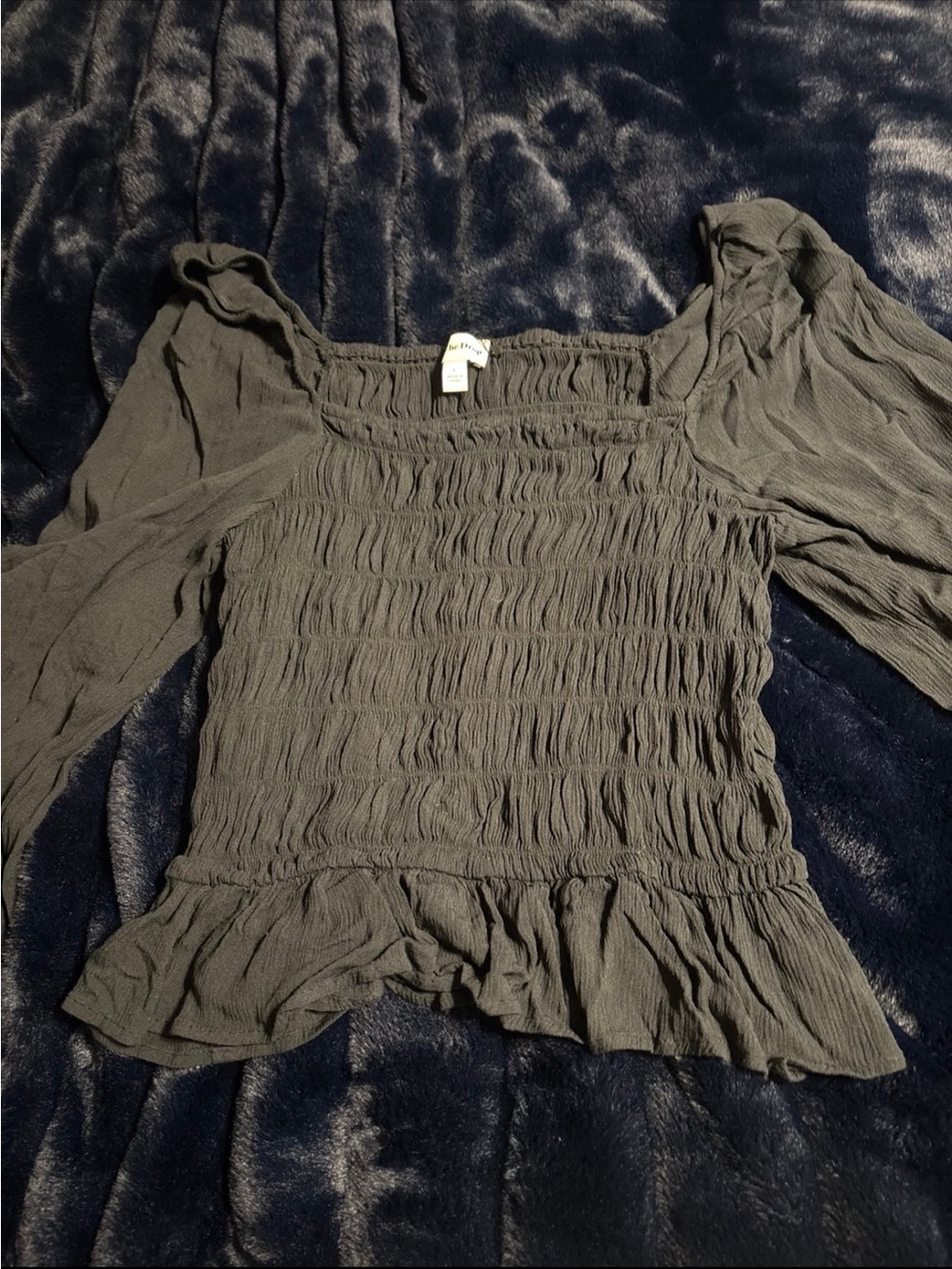 Smocked Square-Neck Blouse in Charcoal Gray